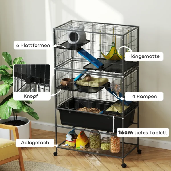 Kleindierkooi, knaagdierkooi frettenkooi met uitschuifbaar dienblad muizenkooi met hellingen, hangmat, wielen, plank, kooi met accessoires voor eekhoorns, dwerg hamsters, chinchilla donkergrijs 6