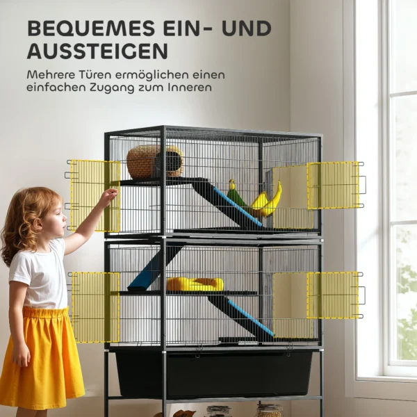 Kleindierkooi, knaagdierkooi frettenkooi met uitschuifbaar dienblad muizenkooi met hellingen, hangmat, wielen, plank, kooi met accessoires voor eekhoorns, dwerg hamsters, chinchilla donkergrijs 7