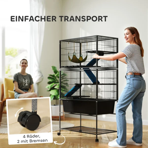 Kleindierkooi, knaagdierkooi frettenkooi met uitschuifbaar dienblad muizenkooi met hellingen, hangmat, wielen, plank, kooi met accessoires voor eekhoorns, dwerg hamsters, chinchilla donkergrijs 8
