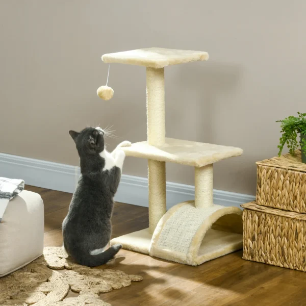Krabpaal 72 cm kattentoren met pluche ballen, sisal stammen, platform, krabplank, meerlaagse kattenkrabpaal, klimboom, voor middelgrote katten, crèmewit 2