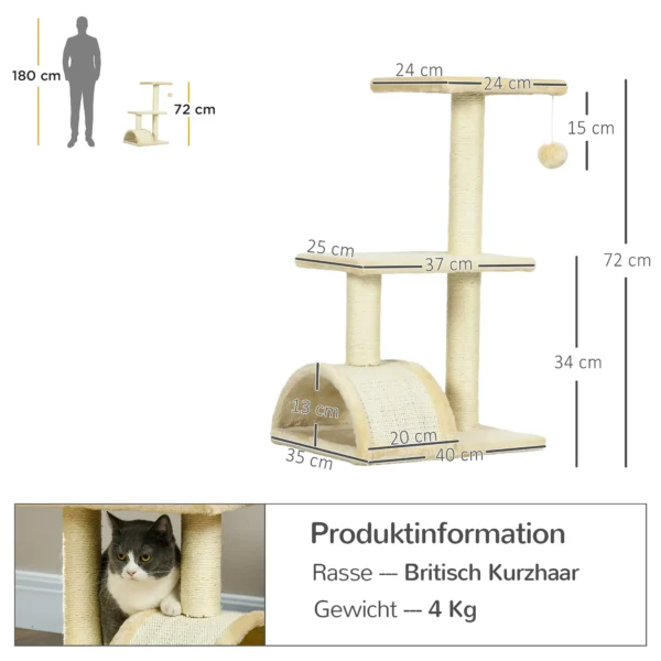 Krabpaal 72 cm kattentoren met pluche ballen, sisal stammen, platform, krabplank, meerlaagse kattenkrabpaal, klimboom, voor middelgrote katten, crèmewit 4