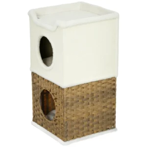 Krabton 75,5 cm hoog drielaags kattenton met pluche rand, kussen, kattenhol, krabpaal voor middelgrote katten, crèmewit 1