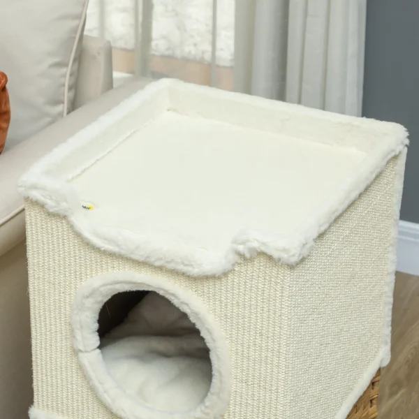 Krabton 75,5 cm hoog drielaags kattenton met pluche rand, kussen, kattenhol, krabpaal voor middelgrote katten, crèmewit 10
