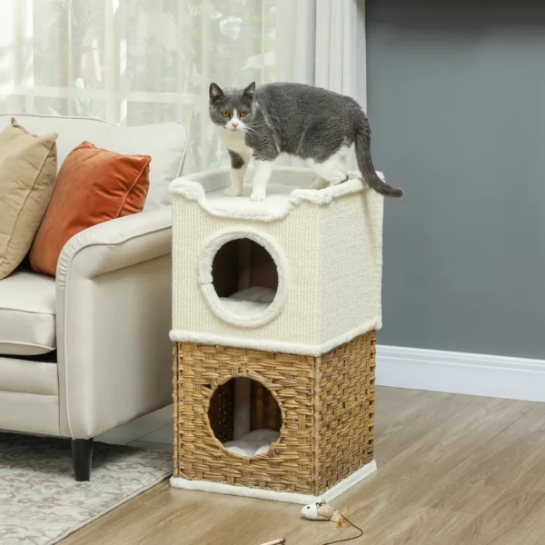 Krabton 75,5 cm hoog drielaags kattenton met pluche rand, kussen, kattenhol, krabpaal voor middelgrote katten, crèmewit 2