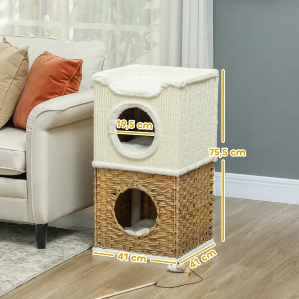 Krabton 75,5 cm hoog drielaags kattenton met pluche rand, kussen, kattenhol, krabpaal voor middelgrote katten, crèmewit 4