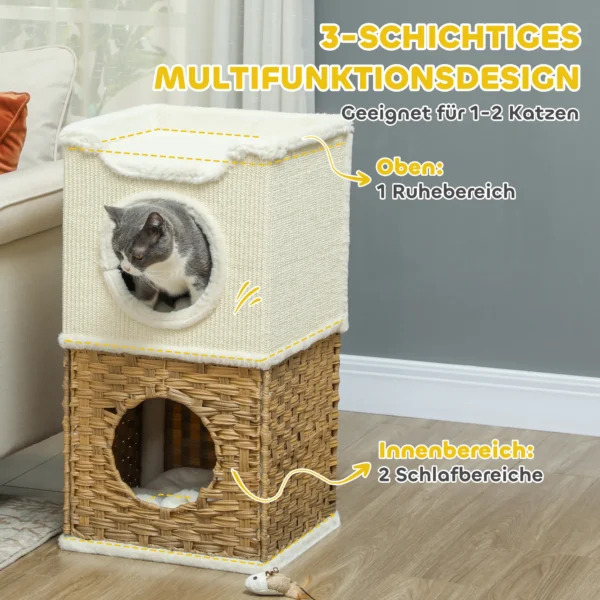 Krabton 75,5 cm hoog drielaags kattenton met pluche rand, kussen, kattenhol, krabpaal voor middelgrote katten, crèmewit 5