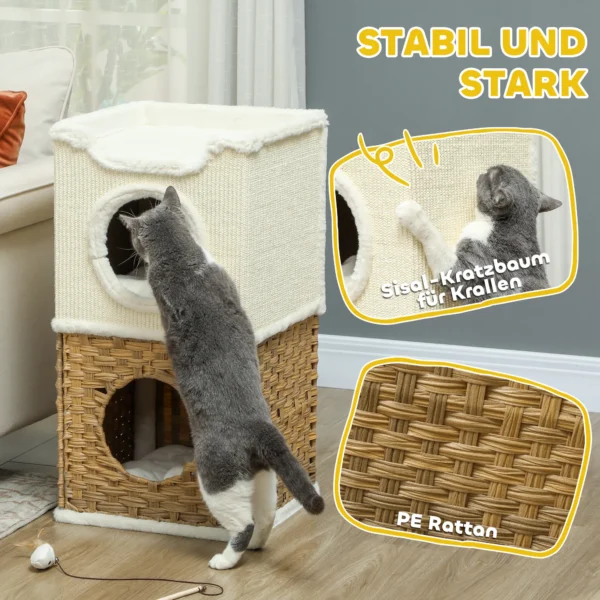 Krabton 75,5 cm hoog drielaags kattenton met pluche rand, kussen, kattenhol, krabpaal voor middelgrote katten, crèmewit 6