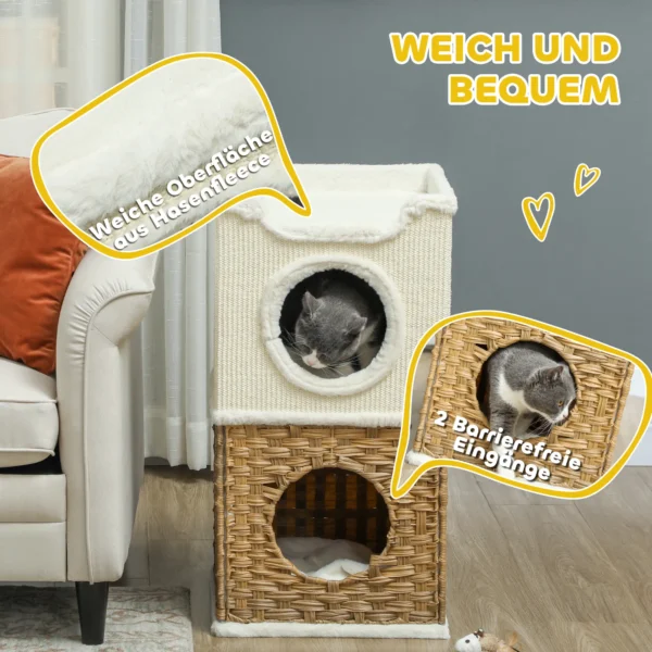 Krabton 75,5 cm hoog drielaags kattenton met pluche rand, kussen, kattenhol, krabpaal voor middelgrote katten, crèmewit 7