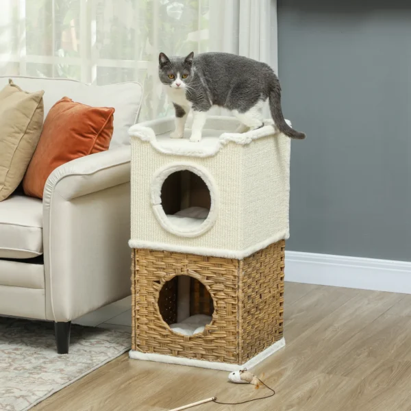 Krabton 75,5 cm hoog drielaags kattenton met pluche rand, kussen, kattenhol, krabpaal voor middelgrote katten, crèmewit 8