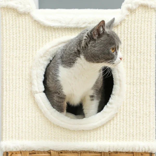 Krabton 75,5 cm hoog drielaags kattenton met pluche rand, kussen, kattenhol, krabpaal voor middelgrote katten, crèmewit 9
