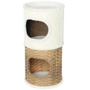 Krabton 80 cm hoog Ø 40 cm drielaagse kattenton met pluche rand, kattenhol, krabpaal voor middelgrote katten, crèmewit+bruin 1
