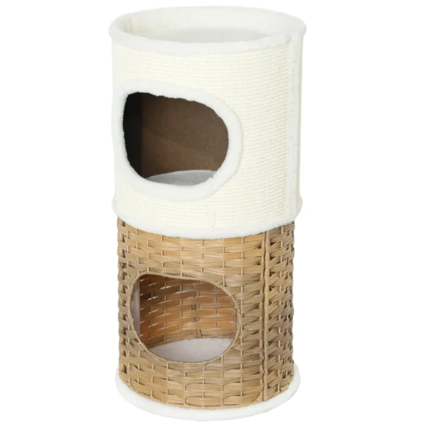 Krabton 80 cm hoog Ø 40 cm drielaagse kattenton met pluche rand, kattenhol, krabpaal voor middelgrote katten, crèmewit+bruin 1