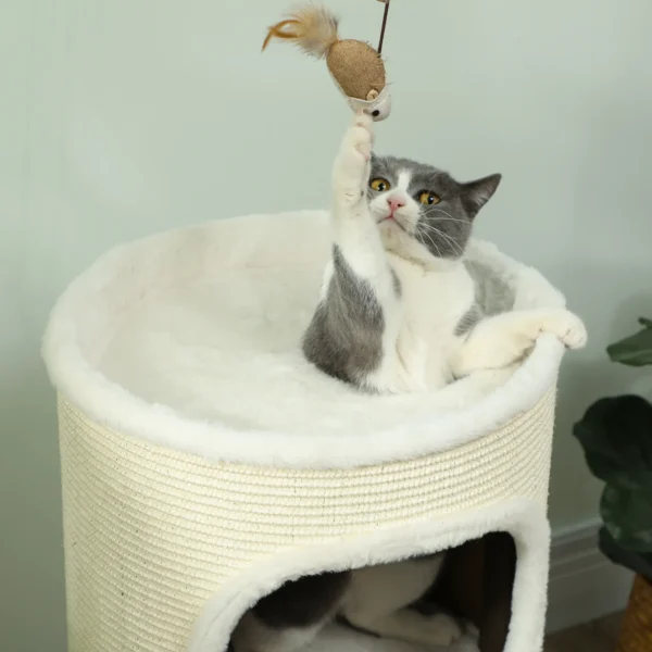 Krabton 80 cm hoog Ø 40 cm drielaagse kattenton met pluche rand, kattenhol, krabpaal voor middelgrote katten, crèmewit+bruin 10