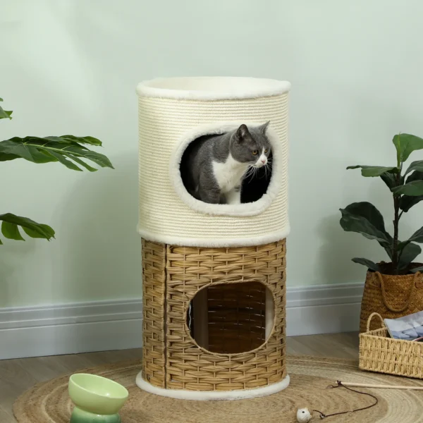 Krabton 80 cm hoog Ø 40 cm drielaagse kattenton met pluche rand, kattenhol, krabpaal voor middelgrote katten, crèmewit+bruin 2