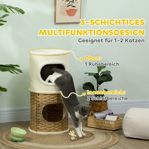 Krabton 80 cm hoog Ø 40 cm drielaagse kattenton met pluche rand, kattenhol, krabpaal voor middelgrote katten, crèmewit+bruin 5