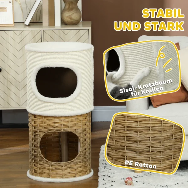 Krabton 80 cm hoog Ø 40 cm drielaagse kattenton met pluche rand, kattenhol, krabpaal voor middelgrote katten, crèmewit+bruin 6