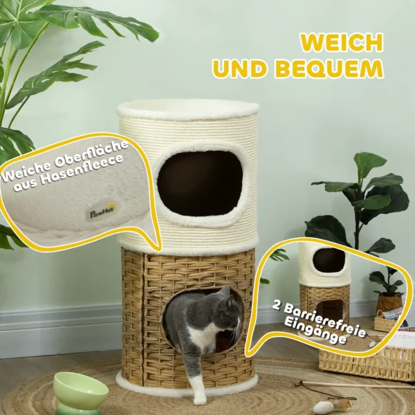 Krabton 80 cm hoog Ø 40 cm drielaagse kattenton met pluche rand, kattenhol, krabpaal voor middelgrote katten, crèmewit+bruin 7