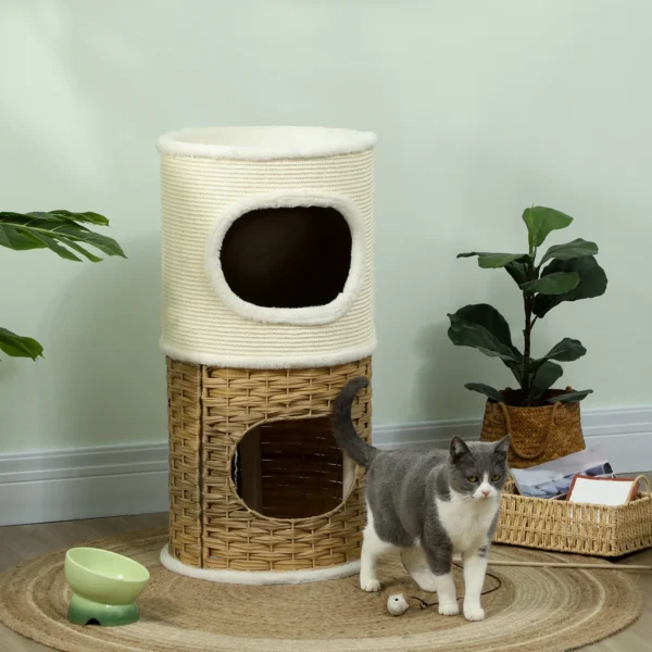 Krabton 80 cm hoog Ø 40 cm drielaagse kattenton met pluche rand, kattenhol, krabpaal voor middelgrote katten, crèmewit+bruin 8