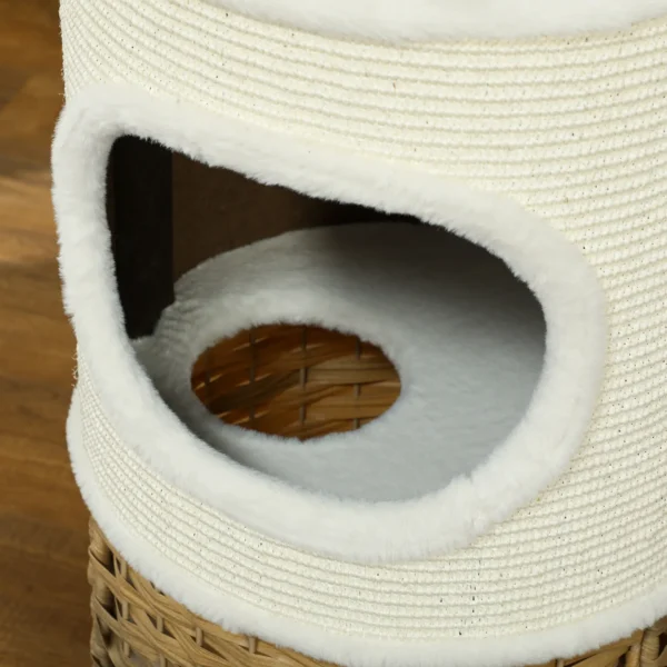 Krabton 80 cm hoog Ø 40 cm drielaagse kattenton met pluche rand, kattenhol, krabpaal voor middelgrote katten, crèmewit+bruin 9
