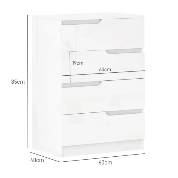 Ladekast bijzettafel met 4 laden, ladekast voor woonkamer, slaapkamer, hoogglans wit 60 x 40 x 85cm 4