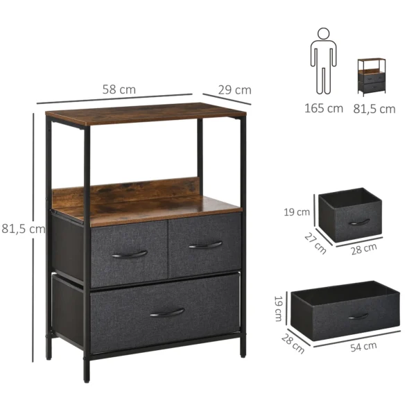Ladekast met 3 linnen laden opslagkast ladekast met plank handvatten, modern design opslagladekast ladekast voor slaapkamer, woonkamer zwart 4