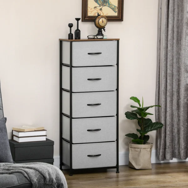 Ladekast met 5 stoffen laden opslagkast ladekast met handvatten, modern design kast ladekast opslagkast voor slaapkamer, woonkamer grijs 2