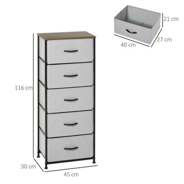 Ladekast met 5 stoffen laden opslagkast ladekast met handvatten, modern design kast ladekast opslagkast voor slaapkamer, woonkamer grijs 4