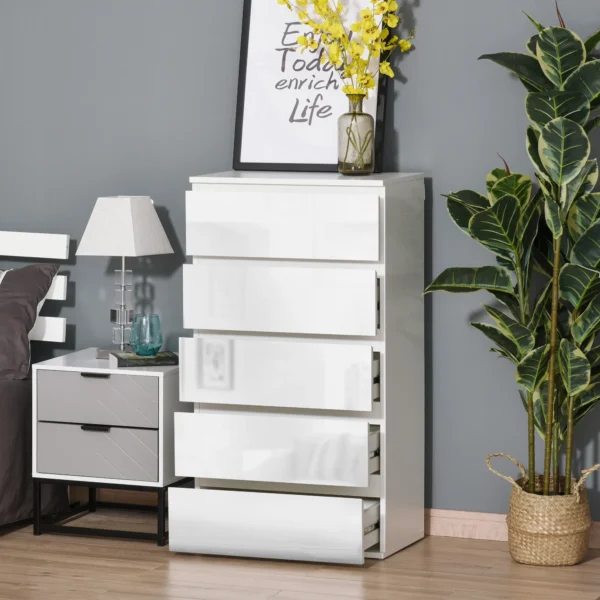 Ladekast sideboard met 5 lades, kantoorkast met kantelbeveiliging, voor woonkamer, slaapkamer, wit, 55 x 34 x 100 cm 2