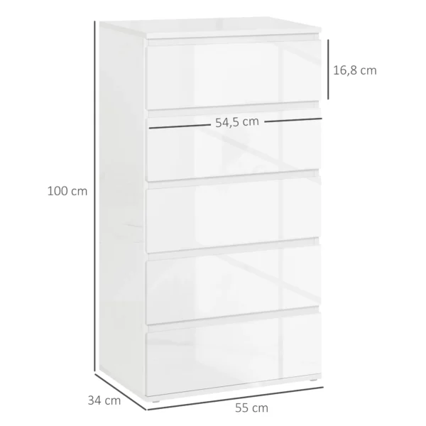 Ladekast sideboard met 5 lades, kantoorkast met kantelbeveiliging, voor woonkamer, slaapkamer, wit, 55 x 34 x 100 cm 4