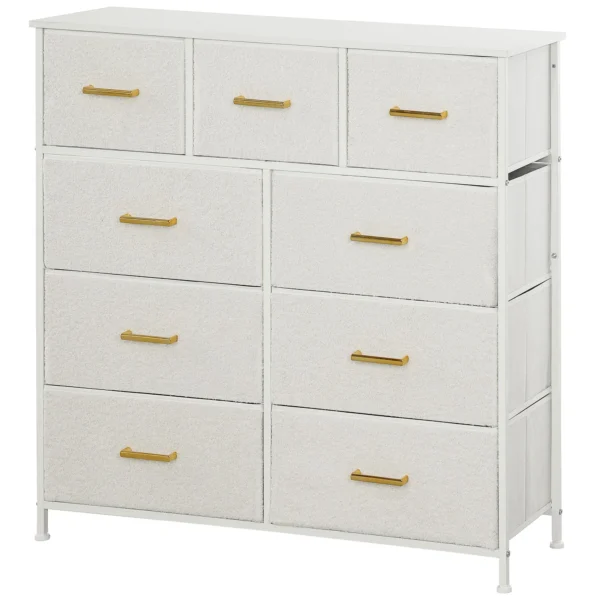 Ladekast sideboard met 9 stoffen laden, ladekast met werkblad, handvat, opbergkast voor woonkamer, slaapkamer, crèmewit 1