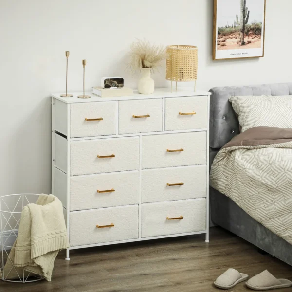 Ladekast sideboard met 9 stoffen laden, ladekast met werkblad, handvat, opbergkast voor woonkamer, slaapkamer, crèmewit 2
