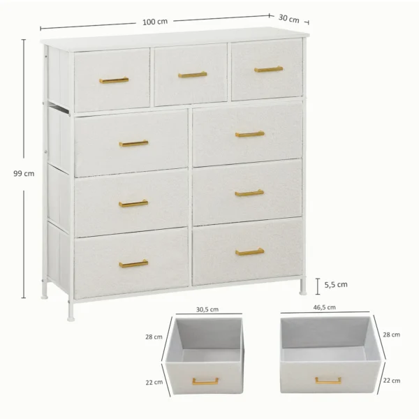 Ladekast sideboard met 9 stoffen laden, ladekast met werkblad, handvat, opbergkast voor woonkamer, slaapkamer, crèmewit 4