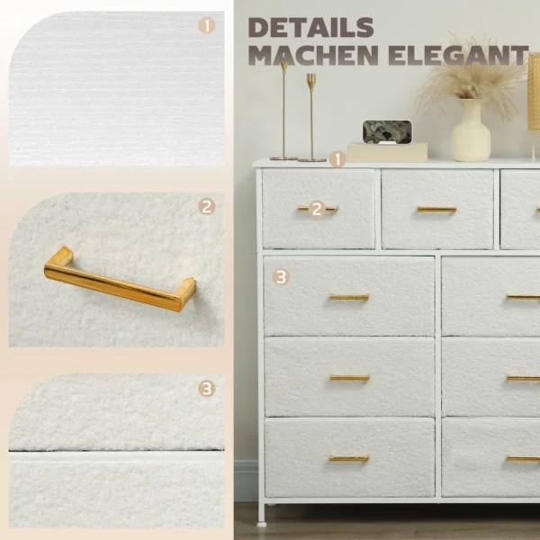 Ladekast sideboard met 9 stoffen laden, ladekast met werkblad, handvat, opbergkast voor woonkamer, slaapkamer, crèmewit 5