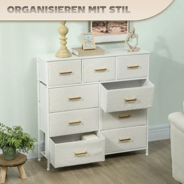 Ladekast sideboard met 9 stoffen laden, ladekast met werkblad, handvat, opbergkast voor woonkamer, slaapkamer, crèmewit 6