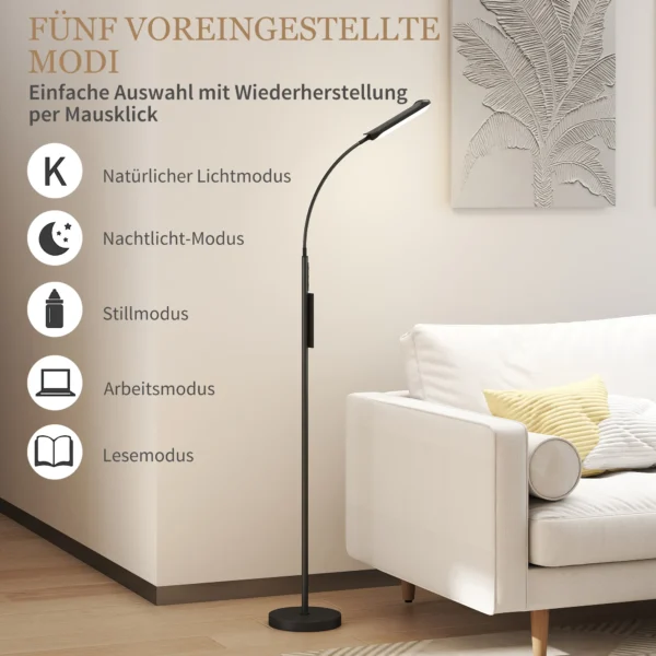 Led staande lamp dimbaar staande lamp met afstandsbediening & touch bediening, woonkamer staande lamp met 360° verstelbare zwanenhals, 1 uur timer, geheugenfunctie zwart 5
