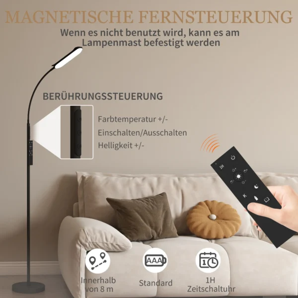 Led staande lamp dimbaar staande lamp met afstandsbediening & touch bediening, woonkamer staande lamp met 360° verstelbare zwanenhals, 1 uur timer, geheugenfunctie zwart 8