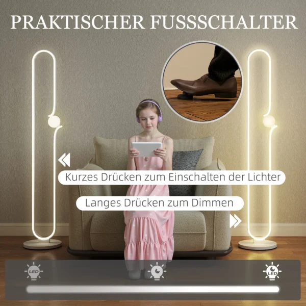 Led staande lamp, dimbare staande lamp, staande lamp met nachtlampje, voetschakelaar woonkamerlamp met glazen kap voor slaapkamer, wit 7