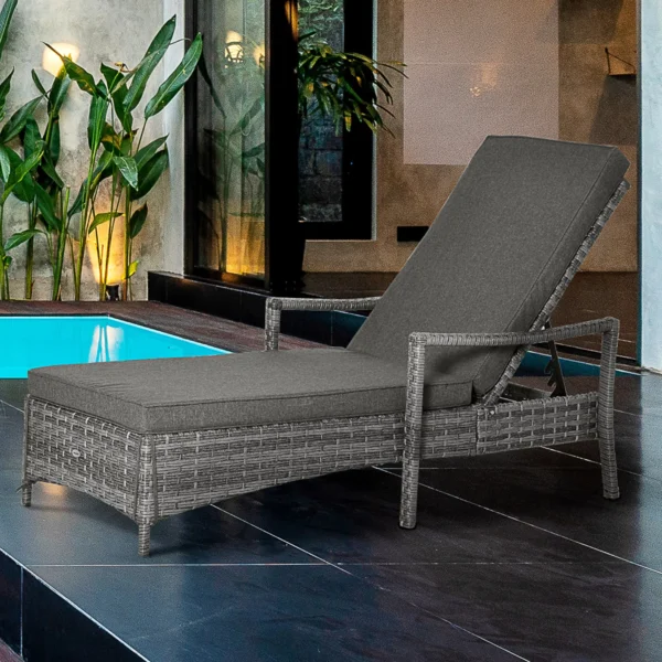 Ligstoel rieten ligstoel tuinligstoel met verstelbaar kussen grijs 192x62,5x52,5cm voor terras & balkon 2