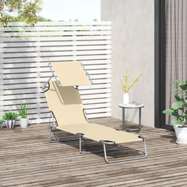 Ligstoel tuinligstoel inklapbaar met zonnescherm, wellnessligstoel strandligstoel beige 187 x 58 x 36 cm voor ontspannen uren in de buitenlucht 2