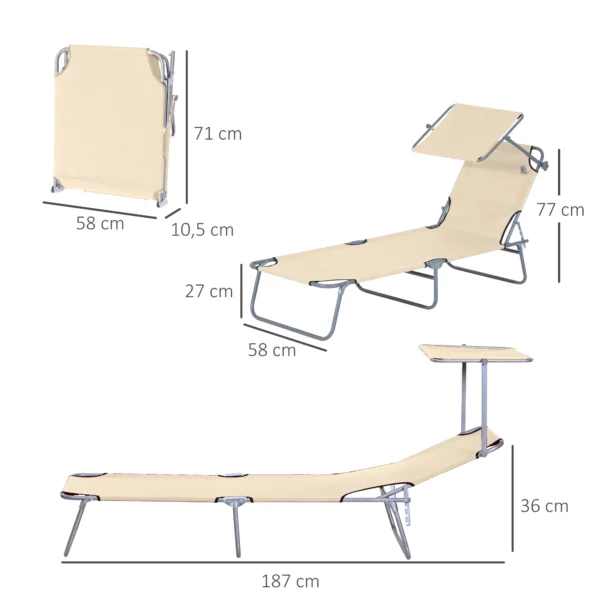 Ligstoel tuinligstoel inklapbaar met zonnescherm, wellnessligstoel strandligstoel beige 187 x 58 x 36 cm voor ontspannen uren in de buitenlucht 4