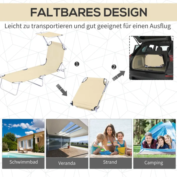 Ligstoel tuinligstoel inklapbaar met zonnescherm, wellnessligstoel strandligstoel beige 187 x 58 x 36 cm voor ontspannen uren in de buitenlucht 6