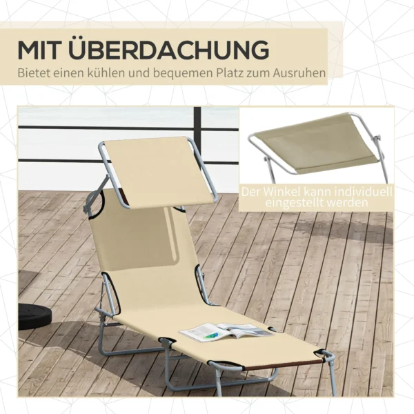 Ligstoel tuinligstoel inklapbaar met zonnescherm, wellnessligstoel strandligstoel beige 187 x 58 x 36 cm voor ontspannen uren in de buitenlucht 7