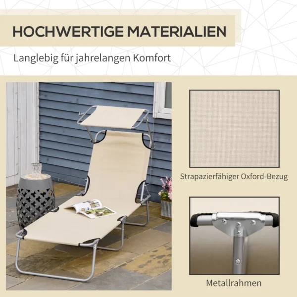 Ligstoel tuinligstoel inklapbaar met zonnescherm, wellnessligstoel strandligstoel beige 187 x 58 x 36 cm voor ontspannen uren in de buitenlucht 8