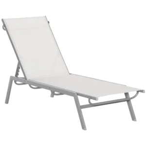 Ligstoel tuinstoel met kussen verstelbare 5 traps rugleuning metaal netstof crèmewit 170x58x97cm voor terras & balkon 1