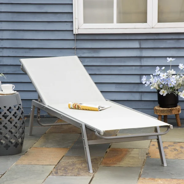 Ligstoel tuinstoel met kussen verstelbare 5 traps rugleuning metaal netstof crèmewit 170x58x97cm voor terras & balkon 2