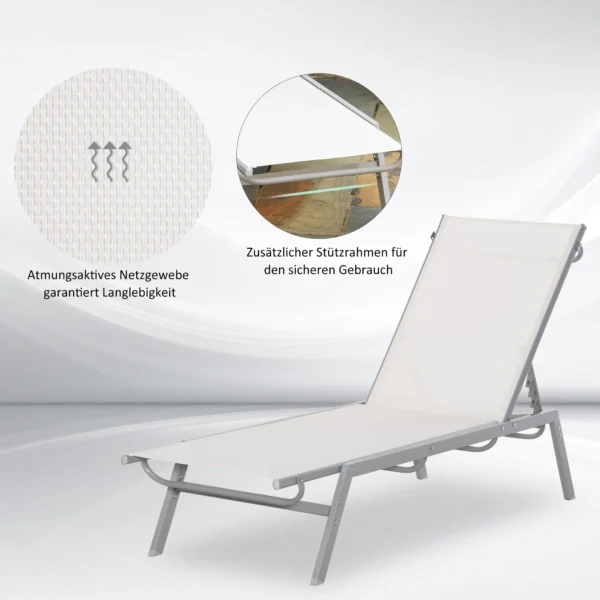Ligstoel tuinstoel met kussen verstelbare 5 traps rugleuning metaal netstof crèmewit 170x58x97cm voor terras & balkon 7