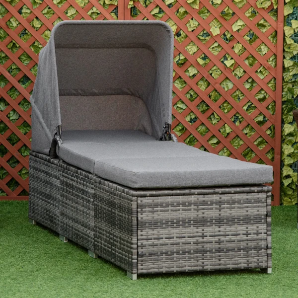 Ligstoel van polyrattan met verstelbaar zonnedak, tuinligstoel van rattan met kussen, grijs, 195x65x40cm voor ontspannen uren in de tuin 2