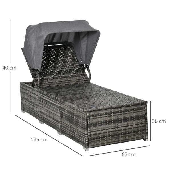Ligstoel van polyrattan met verstelbaar zonnedak, tuinligstoel van rattan met kussen, grijs, 195x65x40cm voor ontspannen uren in de tuin 4