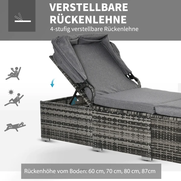 Ligstoel van polyrattan met verstelbaar zonnedak, tuinligstoel van rattan met kussen, grijs, 195x65x40cm voor ontspannen uren in de tuin 5