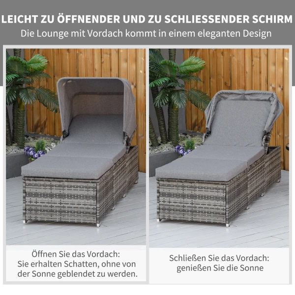 Ligstoel van polyrattan met verstelbaar zonnedak, tuinligstoel van rattan met kussen, grijs, 195x65x40cm voor ontspannen uren in de tuin 7